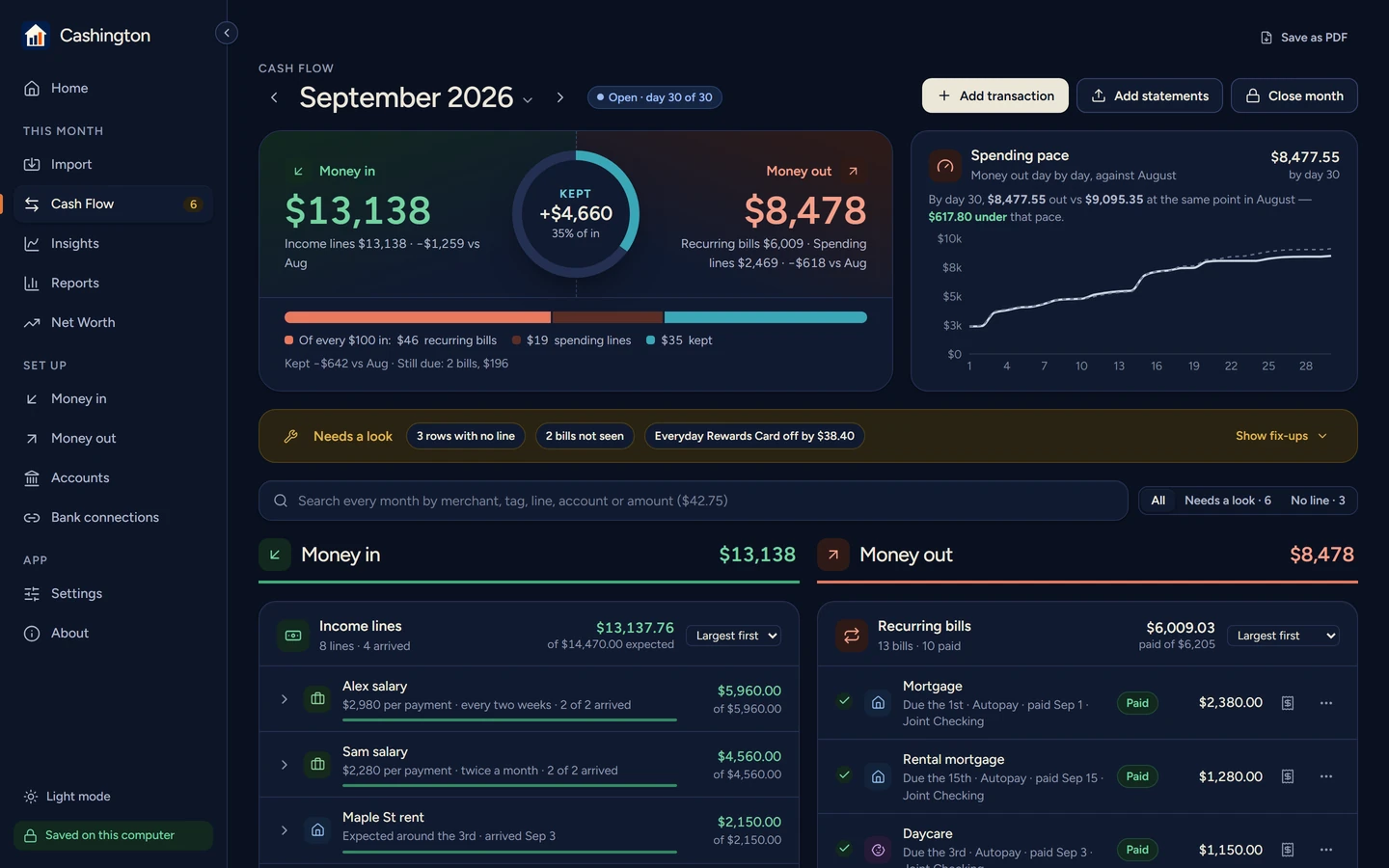Cash Flow in the dark theme