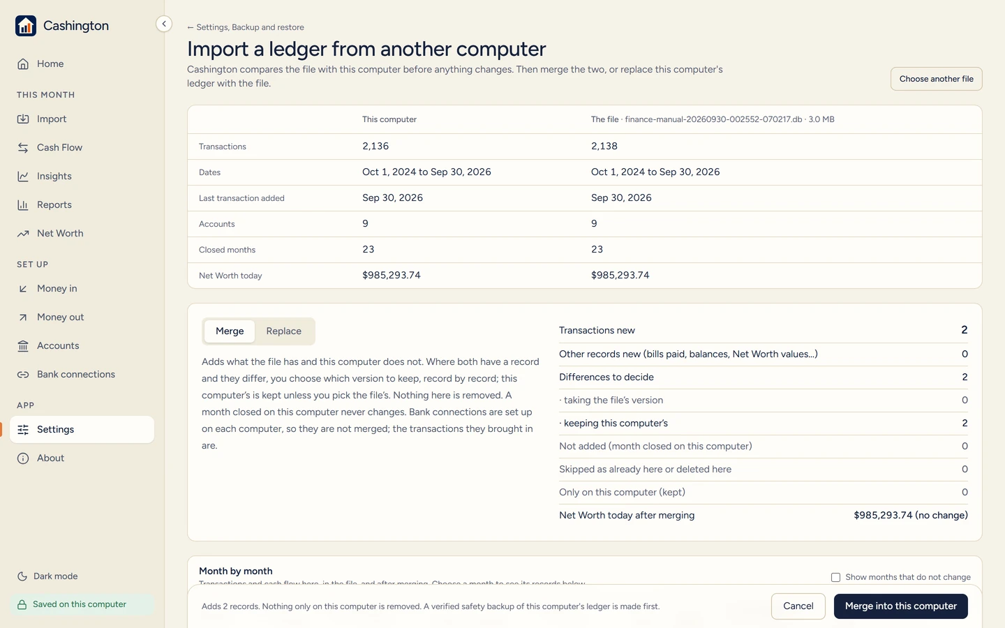 Import from another computer comparing two ledgers side by side before anything changes