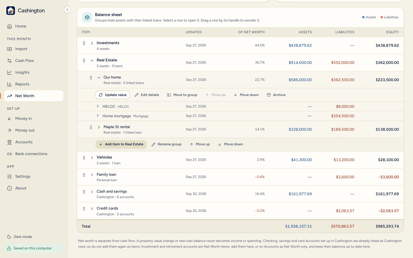 Net Worth as a balance sheet of accounts, investments, loans and assets