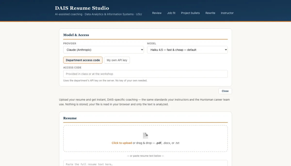 DAIS Resume Studio: model and access settings above a resume upload box