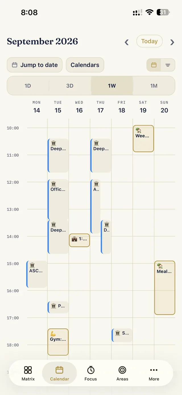 The week view with Eisenhour blocks and calendar events side by side