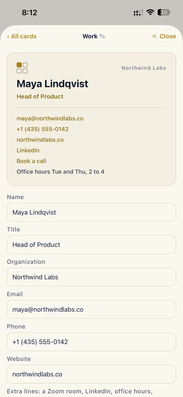 A business card inside the app with share and export buttons