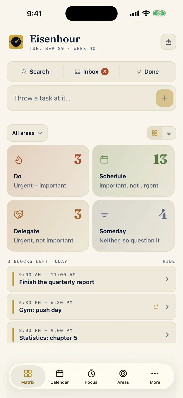 The Eisenhour matrix as four tiles, Do, Schedule, Delegate and Someday, with today's blocks beneath