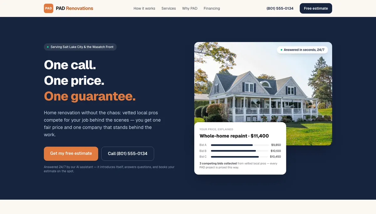 The PAD Renovations homepage: One call, one price, one guarantee, with a house photo and three competing bids for a whole-home repaint