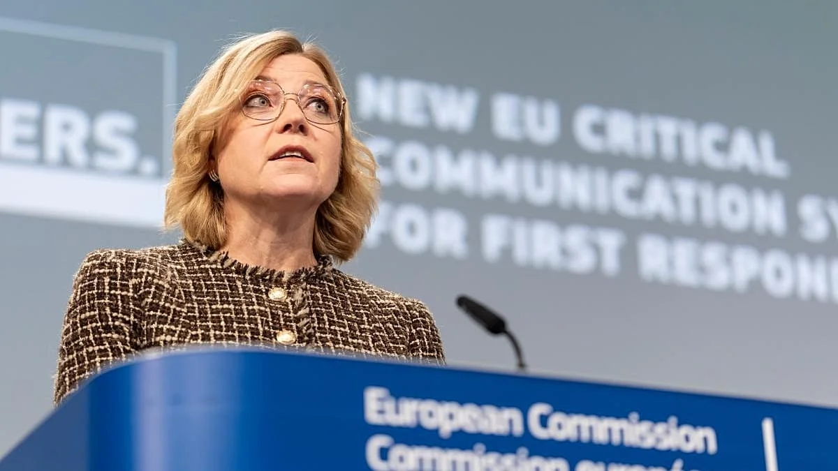 EU digital chief Henna Virkkunen speaking at a podium, from Euronews coverage