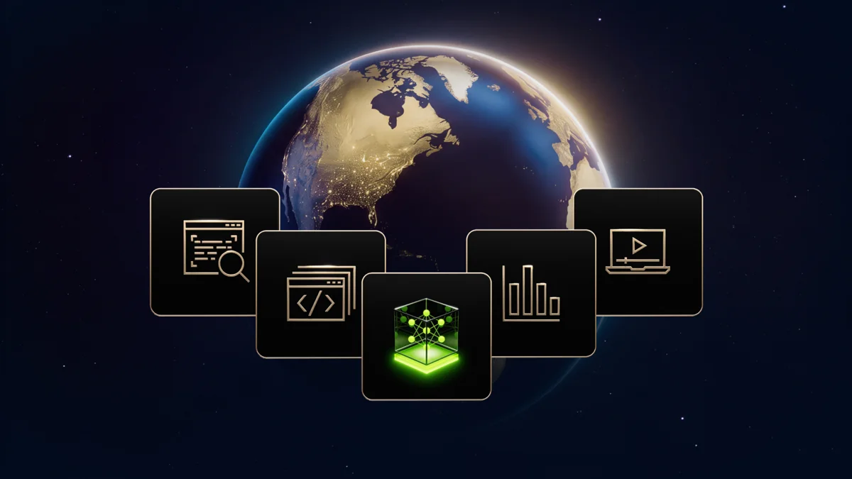 Nvidia graphic of a globe with icons for web, code, charts, and video agents