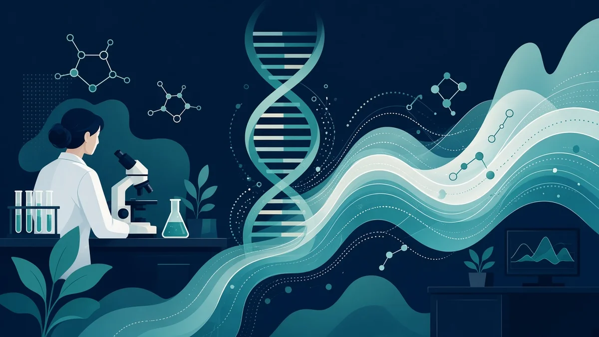 Illustration of a researcher at a microscope beside a DNA helix flowing into a sound wave