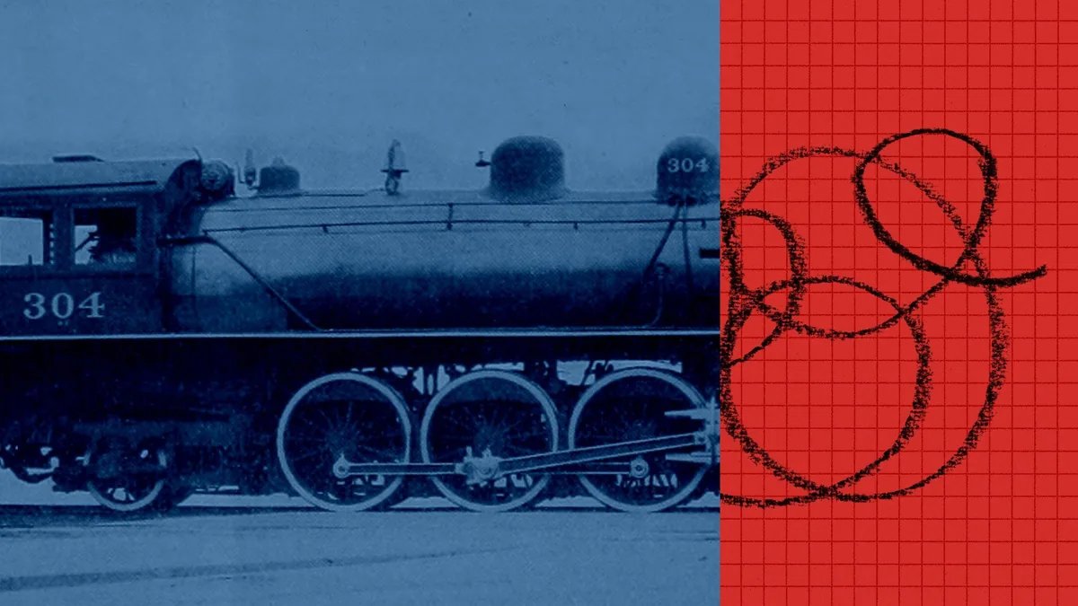 Anthropic illustration split between a blue steam locomotive and a red grid with looping black lines